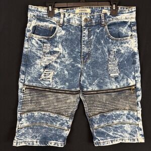 Track 23 DENIM Shorts Mens 36 Blue Acid Wash DISTRESSED Moto Zipper STREET WEAR